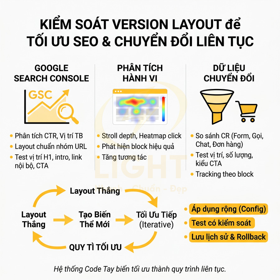 Quy trình kiểm soát version layout website để tối ưu SEO và chuyển đổi dựa trên GSC, phân tích hành vi và dữ liệu chuyển đổi