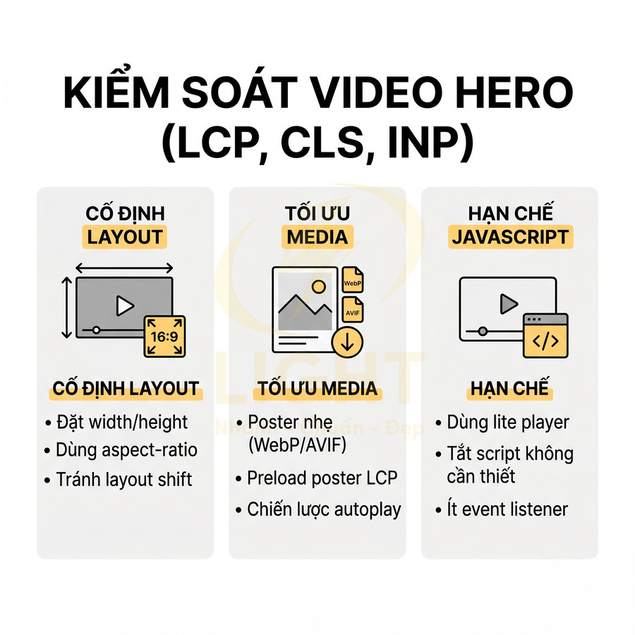 Hướng dẫn tối ưu video hero cho web với cố định layout, tối ưu media và hạn chế JavaScript