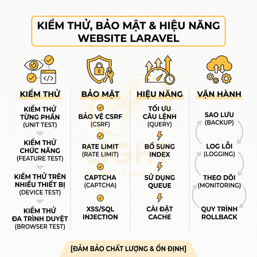 Checklist kiểm thử bảo mật hiệu năng và vận hành website Laravel với các bước tối ưu chi tiết