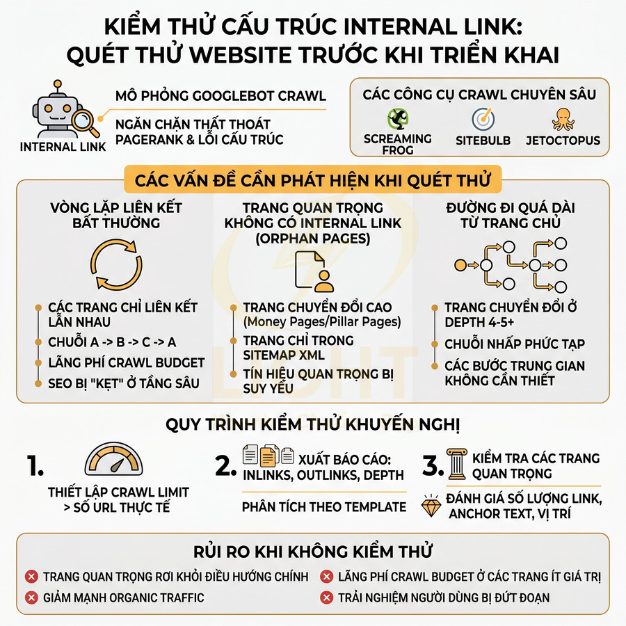 Infographic hướng dẫn kiểm thử cấu trúc internal link và quét thử website trước khi triển khai SEO