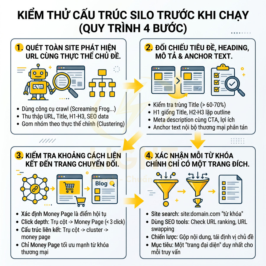 Quy trình 4 bước kiểm thử cấu trúc silo SEO trước khi chạy, hướng dẫn tối ưu URL, heading, liên kết và trang đích