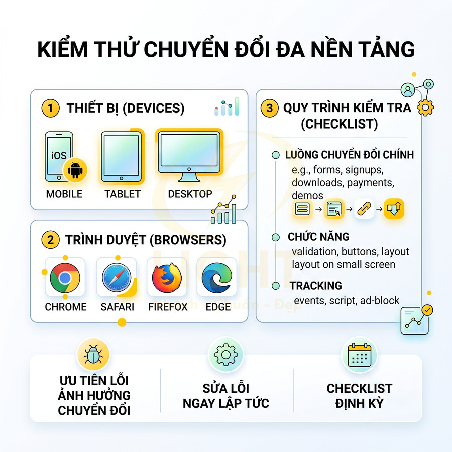 Checklist kiểm thử chuyển đổi đa nền tảng trên mobile, tablet, desktop và các trình duyệt Chrome Safari Firefox Edge