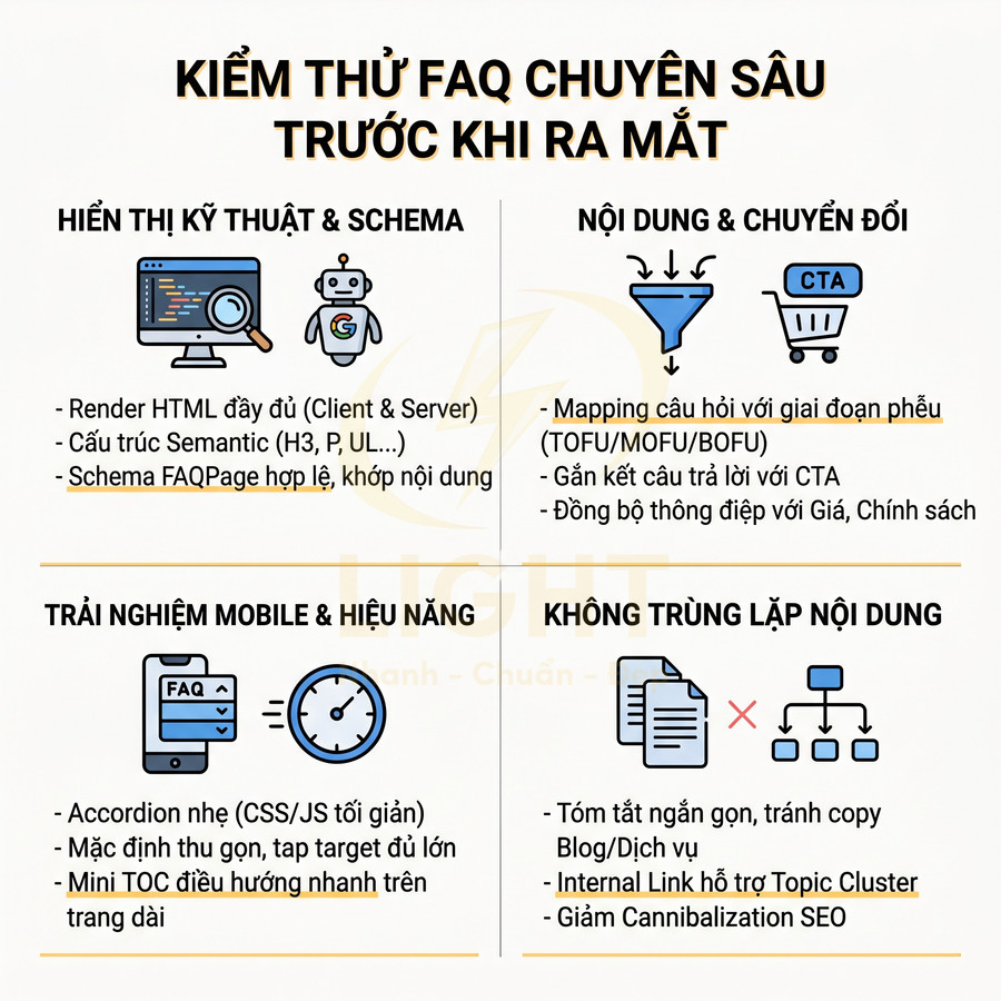 Checklist kiểm thử FAQ chuyên sâu trước khi ra mắt, tối ưu kỹ thuật, nội dung, mobile và tránh trùng lặp nội dung
