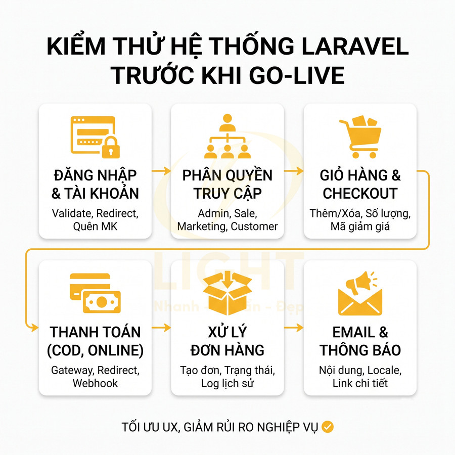 Checklist kiểm thử hệ thống Laravel trước khi go live với các bước đăng nhập, phân quyền, giỏ hàng, thanh toán, xử lý đơn hàng