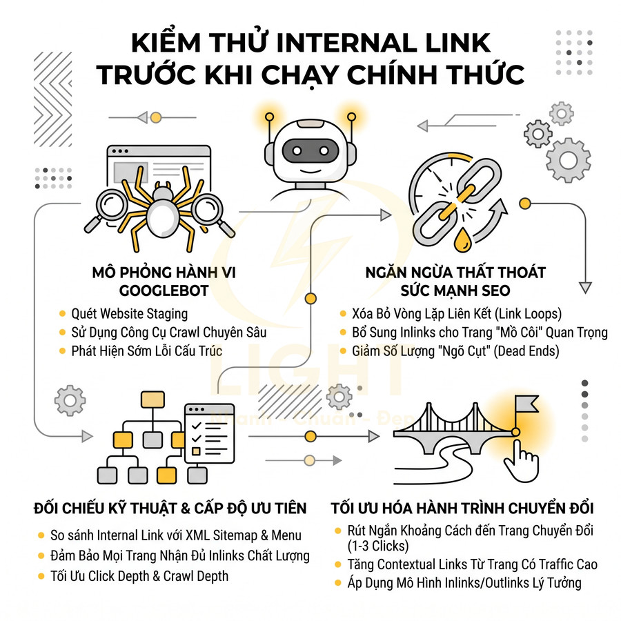 Infographic quy trình kiểm thử và tối ưu internal link website để mô phỏng Googlebot và tăng hiệu quả SEO