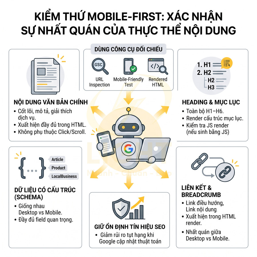 Infographic kiểm thử mobile first hướng dẫn tối ưu nội dung, heading, schema, liên kết và tín hiệu SEO cho website