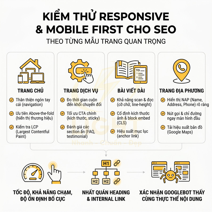 Infographic checklist kiểm thử responsive và mobile first cho SEO theo từng mẫu trang web quan trọng