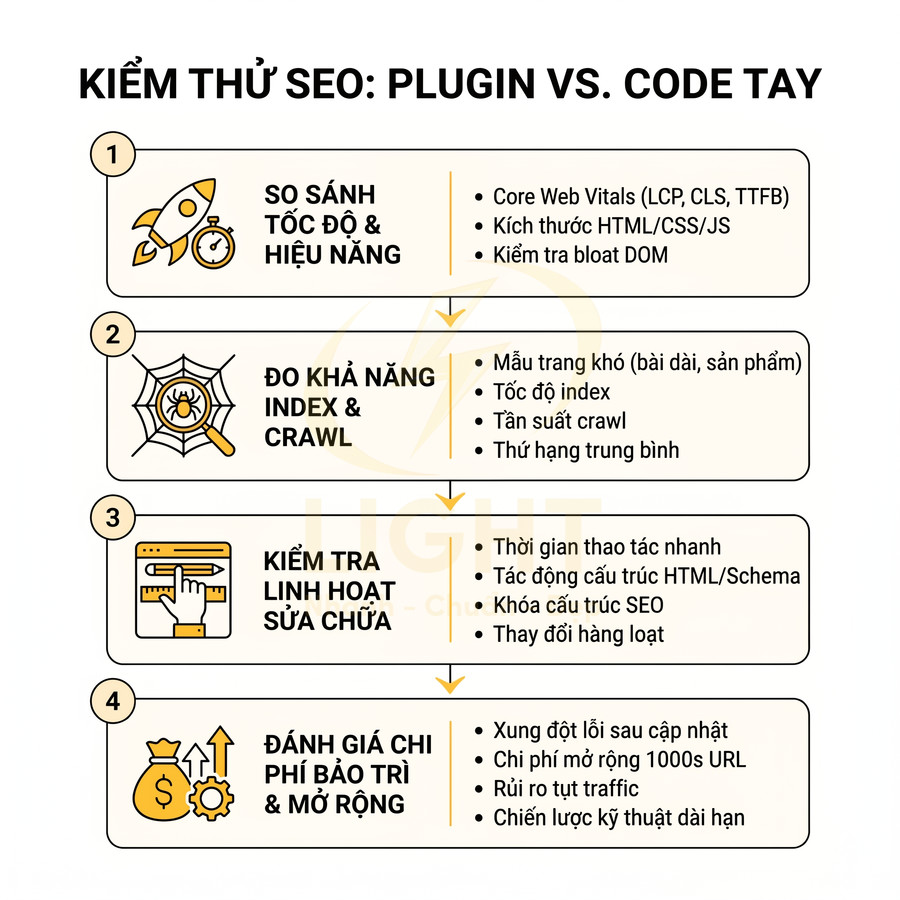 Checklist kiểm thử SEO so sánh plugin và code tay với 4 bước đánh giá tốc độ, index, linh hoạt sửa chữa và chi phí bảo trì