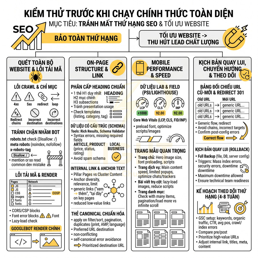 Checklist kiểm thử SEO trước khi chạy chính thức với các bước tối ưu crawl, onpage, mobile và chuyển hướng URL