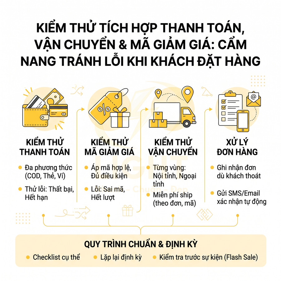 Hướng dẫn kiểm thử thanh toán, mã giảm giá, vận chuyển và xử lý đơn hàng cho website bán hàng online