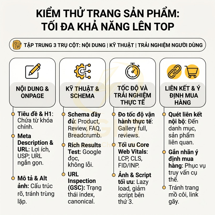 Checklist kiểm thử trang sản phẩm chuẩn SEO với 4 nhóm tiêu chí nội dung kỹ thuật tốc độ và liên kết mua hàng