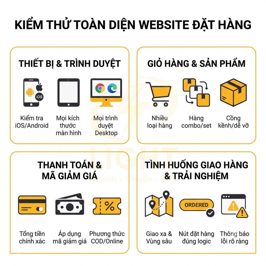 Infographic quy trình kiểm thử toàn diện website đặt hàng gồm thiết bị, giỏ hàng, thanh toán và giao hàng
