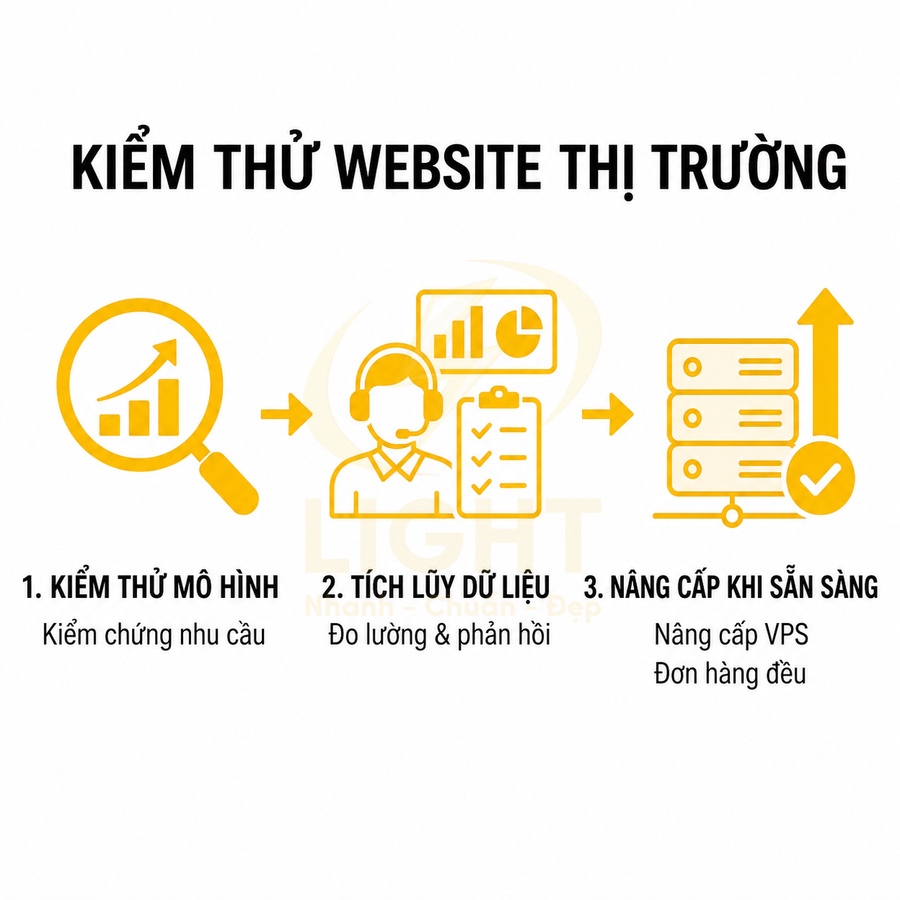 Quy trình kiểm thử website thị trường với các bước kiểm thử mô hình, tích lũy dữ liệu và nâng cấp khi sẵn sàng
