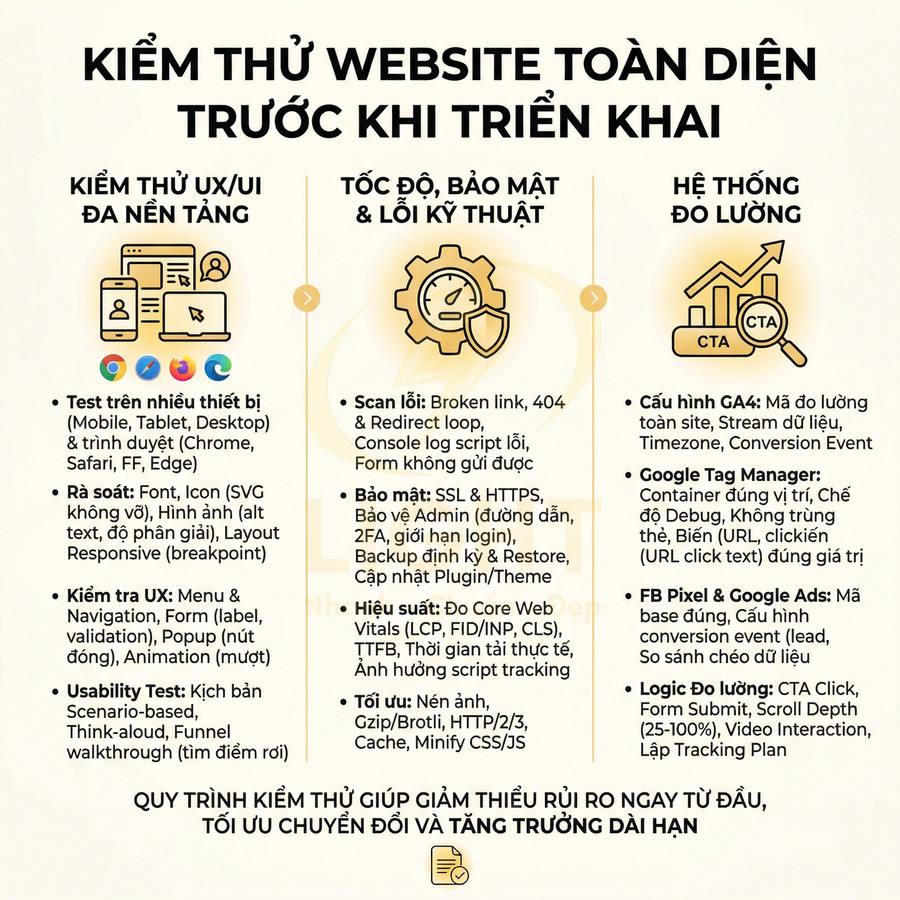 Checklist kiểm thử website toàn diện trước khi triển khai với UX UI, tốc độ bảo mật kỹ thuật và hệ thống đo lường