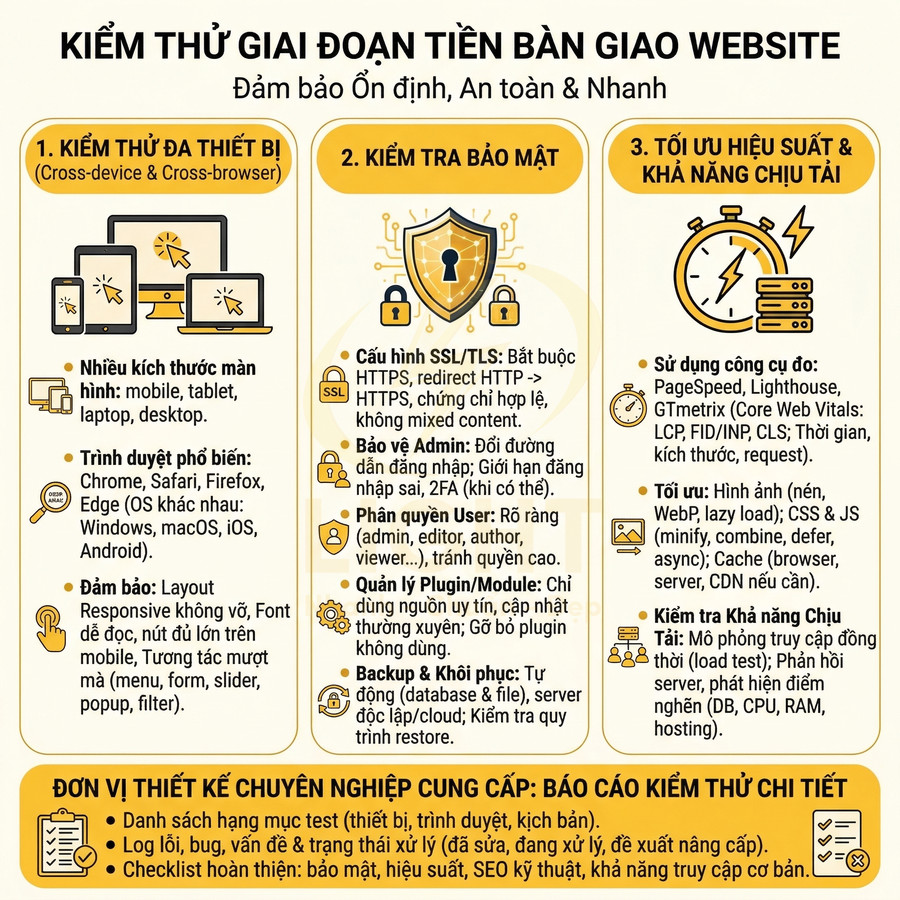 Infographic quy trình kiểm thử website trước bàn giao với các bước đa thiết bị, bảo mật, tối ưu hiệu suất và khả năng chịu tải