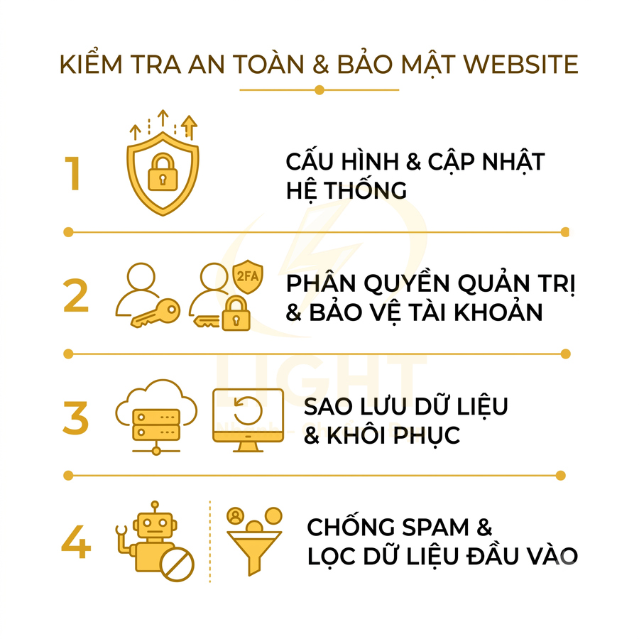 Checklist kiểm tra an toàn bảo mật website với 4 bước cấu hình, phân quyền, sao lưu dữ liệu và chống spam