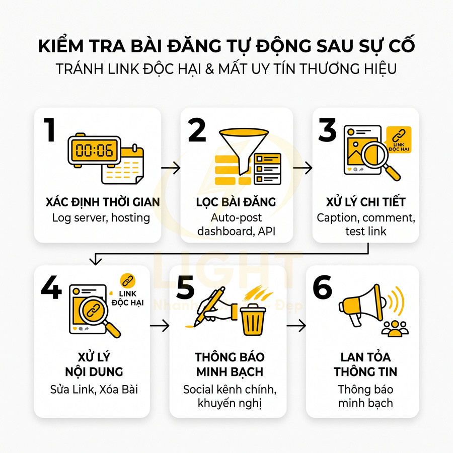 Quy trình 6 bước kiểm tra bài đăng tự động sau sự cố để lọc link độc hại và bảo vệ uy tín thương hiệu