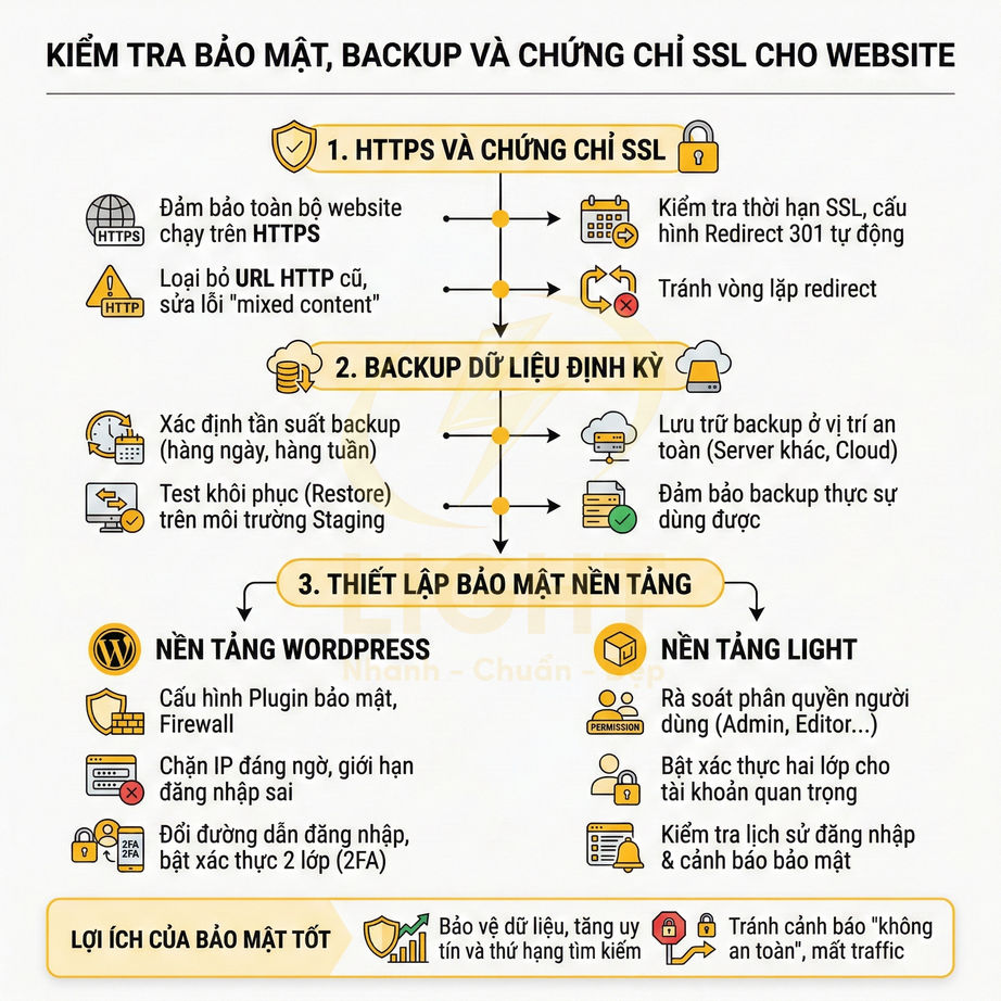 Hướng dẫn kiểm tra bảo mật, backup dữ liệu và cấu hình chứng chỉ SSL để bảo vệ website an toàn