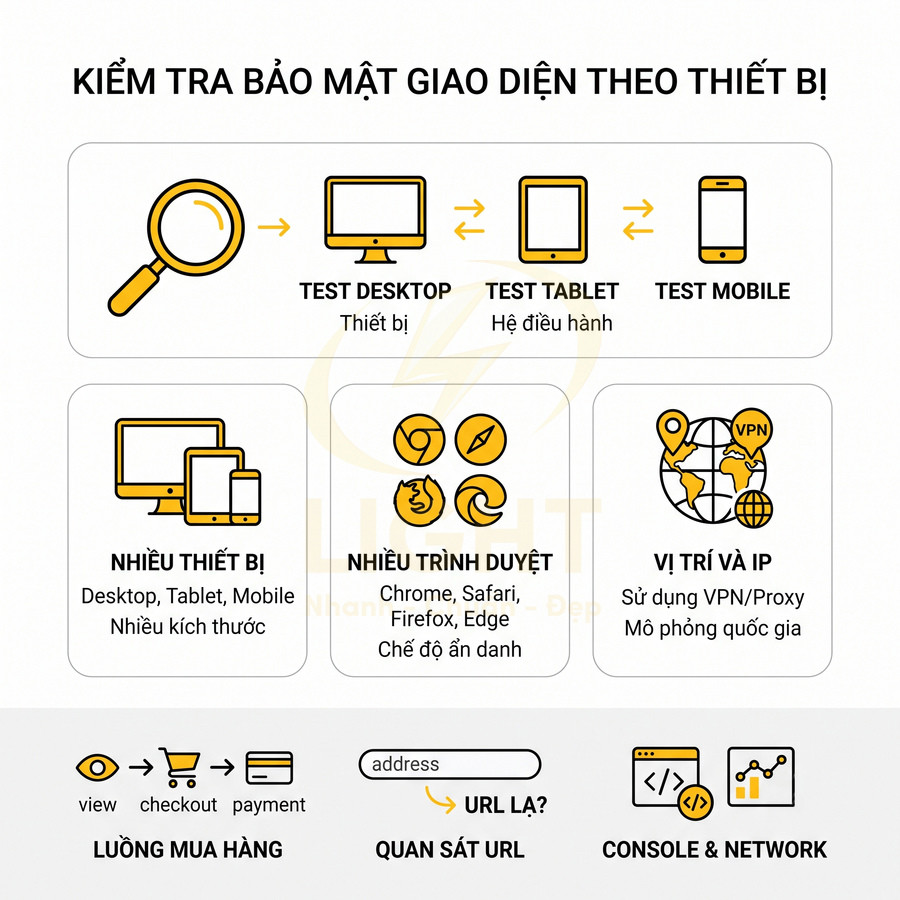 Infographic kiểm tra bảo mật giao diện website trên desktop, tablet, mobile với nhiều trình duyệt, vị trí IP và luồng mua hàng