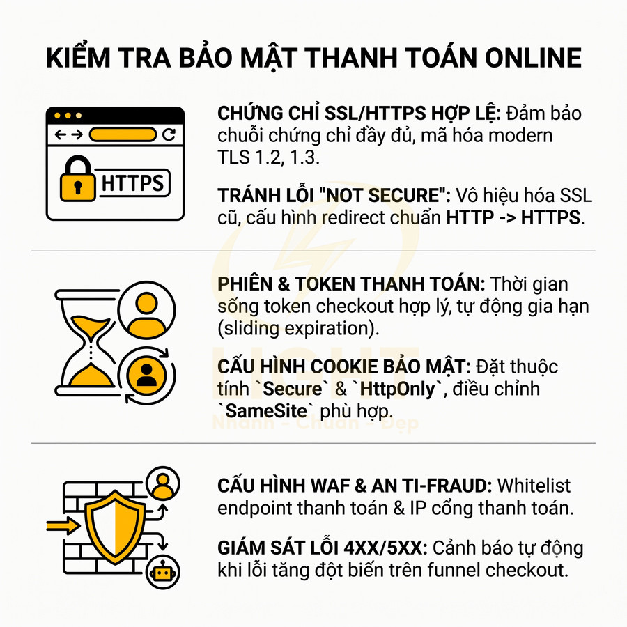 Hướng dẫn kiểm tra bảo mật thanh toán online với SSL HTTPS, phiên token, cookie, WAF và giám sát lỗi 4xx 5xx
