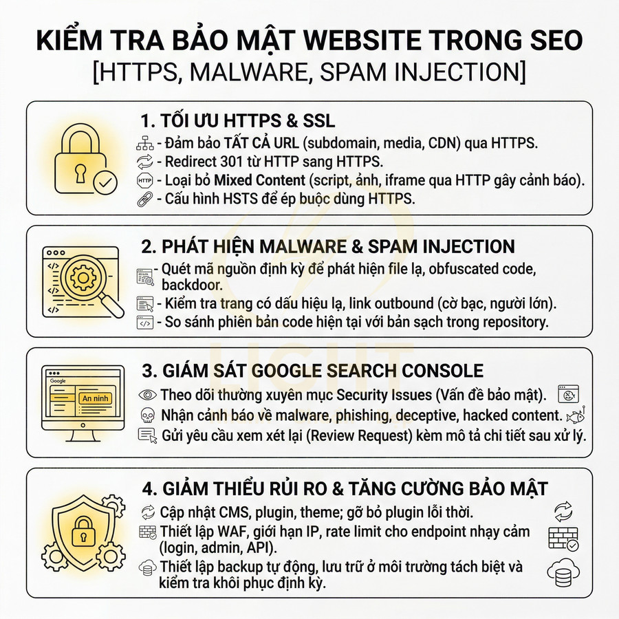 Checklist kiểm tra bảo mật website trong SEO với HTTPS SSL, phát hiện malware spam, giám sát Google Search Console