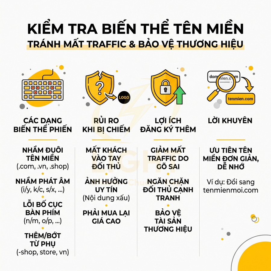 Infographic hướng dẫn kiểm tra biến thể tên miền để tránh mất traffic và bảo vệ thương hiệu doanh nghiệp