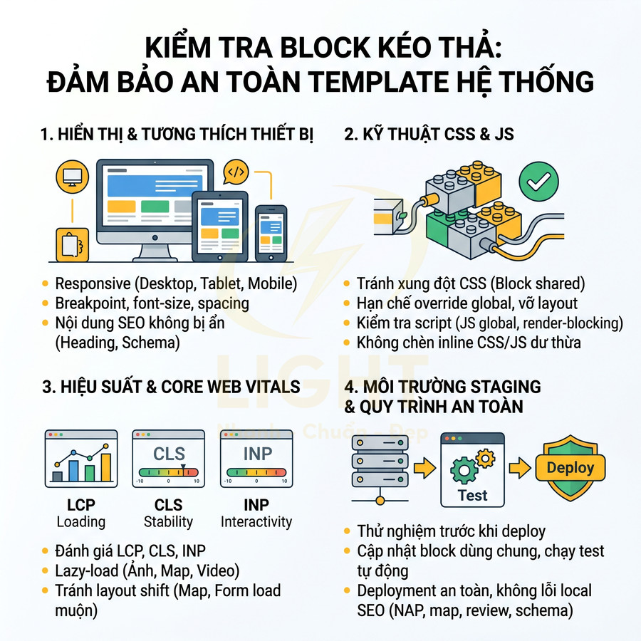 Checklist kiểm tra block kéo thả đảm bảo an toàn template hệ thống về hiển thị, kỹ thuật, hiệu suất và quy trình deploy