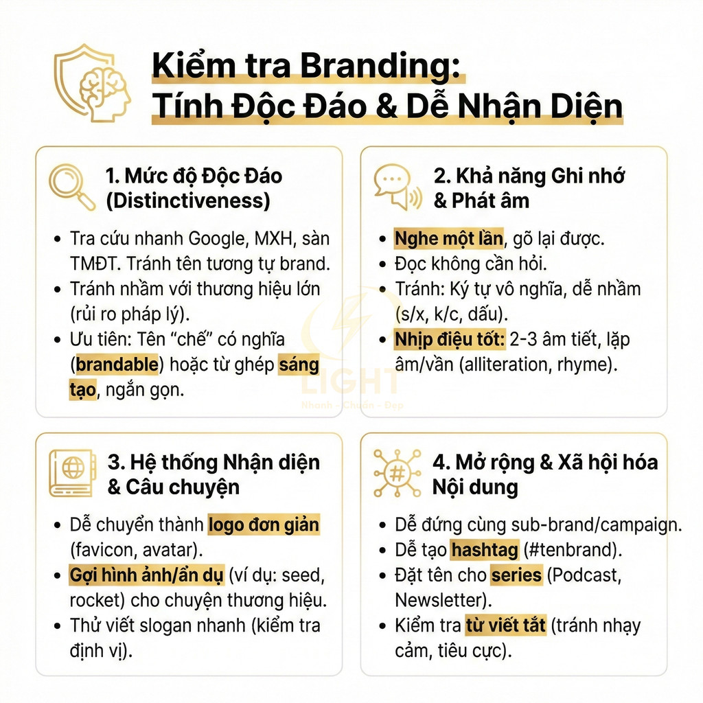 Checklist kiểm tra branding về tính độc đáo, dễ nhớ, hệ thống nhận diện và khả năng mở rộng nội dung thương hiệu