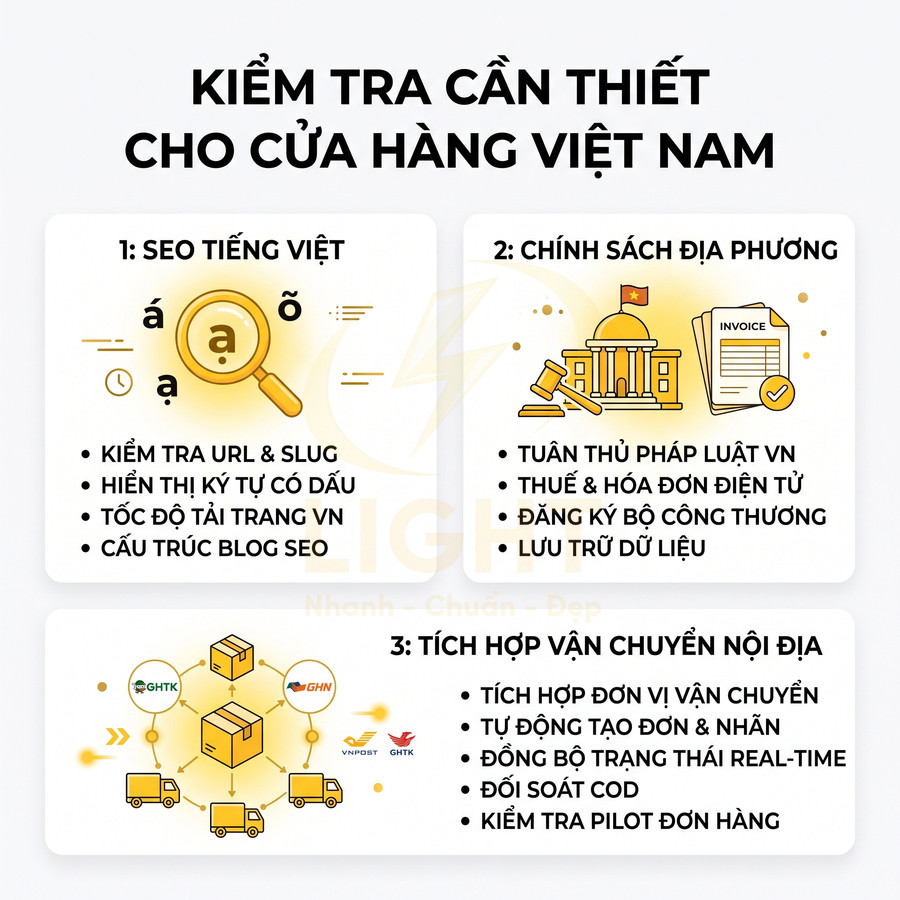 Checklist kiểm tra SEO, chính sách địa phương và tích hợp vận chuyển nội địa cho cửa hàng online Việt Nam
