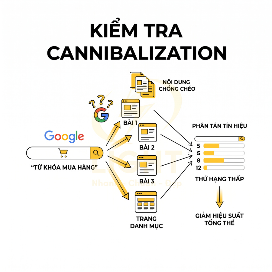 Minh họa kiểm tra cannibalization SEO với nhiều bài viết cạnh tranh cùng từ khóa mua hàng trên Google