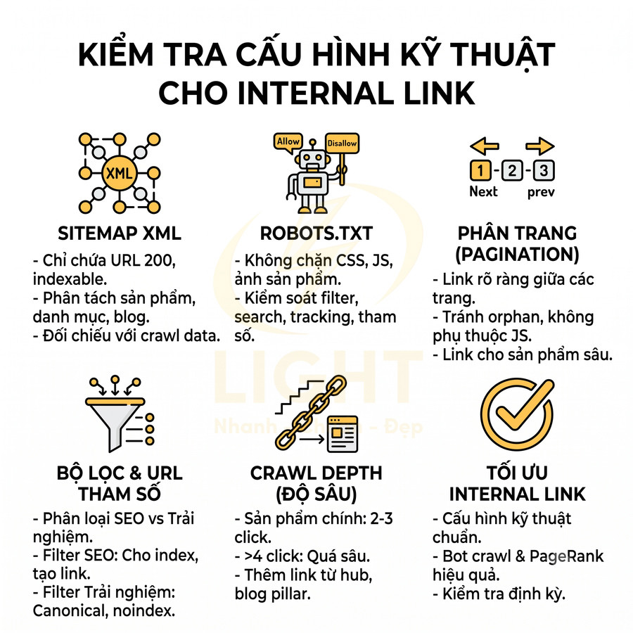 Checklist cấu hình kỹ thuật SEO cho internal link gồm sitemap XML, robots.txt, phân trang, bộ lọc URL, crawl depth và tối ưu internal link