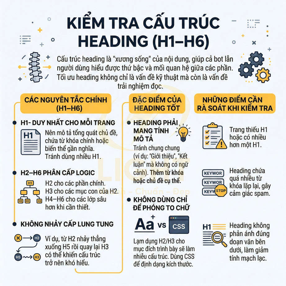 Infographic hướng dẫn kiểm tra cấu trúc heading H1 đến H6 với nguyên tắc, đặc điểm và lỗi thường gặp