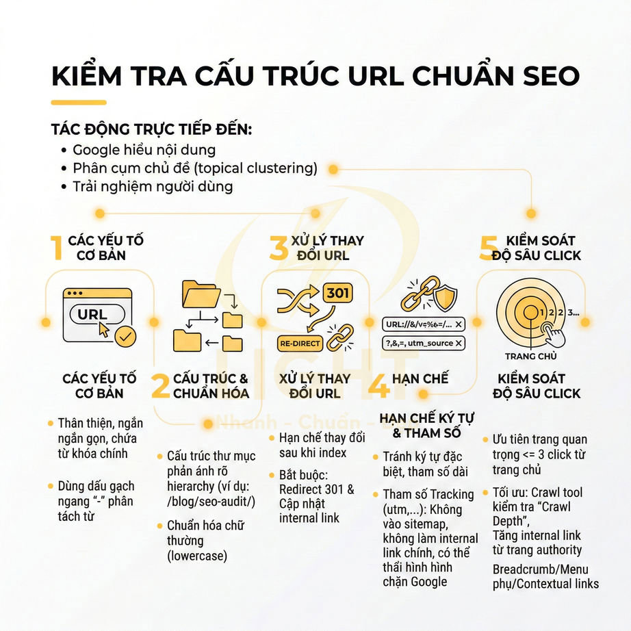 Infographic hướng dẫn kiểm tra cấu trúc URL chuẩn SEO với các bước tối ưu và xử lý thay đổi URL