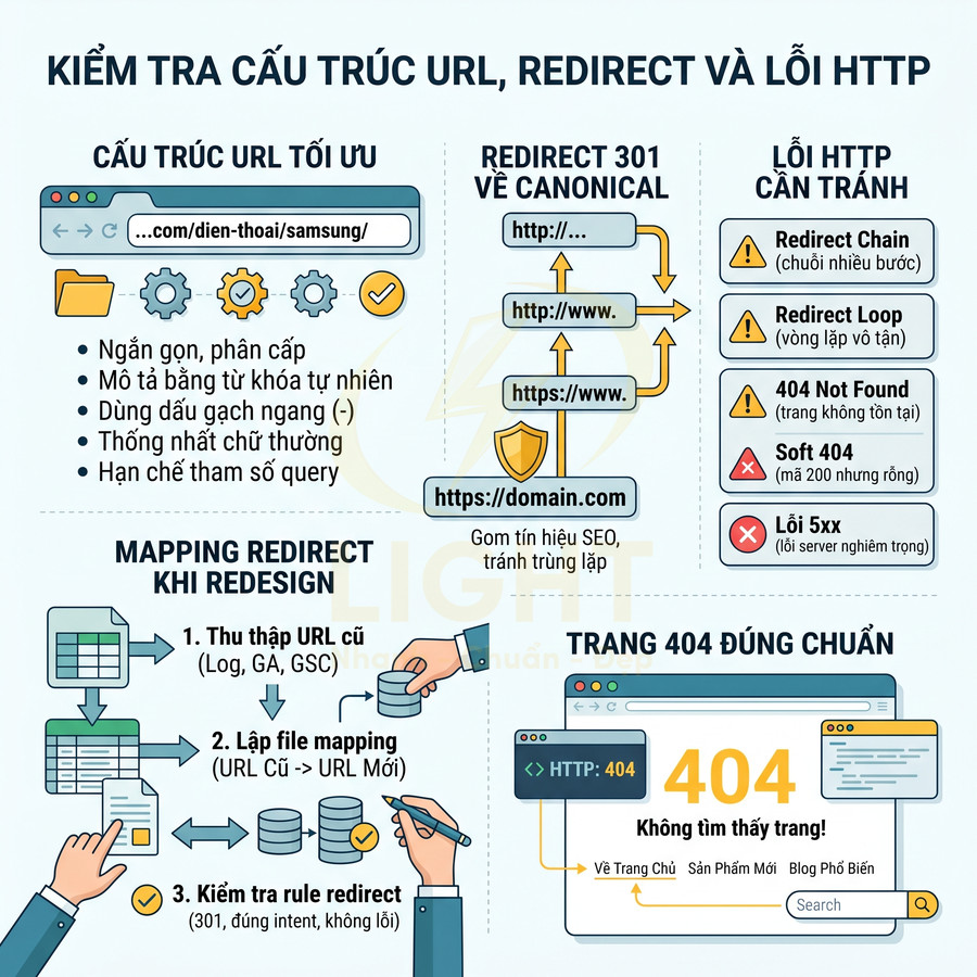 Infographic hướng dẫn tối ưu cấu trúc URL, thiết lập redirect 301 và xử lý lỗi HTTP 404 chuẩn SEO
