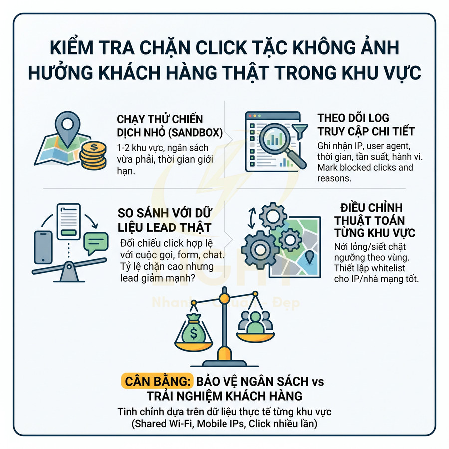 Infographic hướng dẫn kiểm tra chặn click tặc để bảo vệ ngân sách quảng cáo và trải nghiệm khách hàng theo từng khu vực