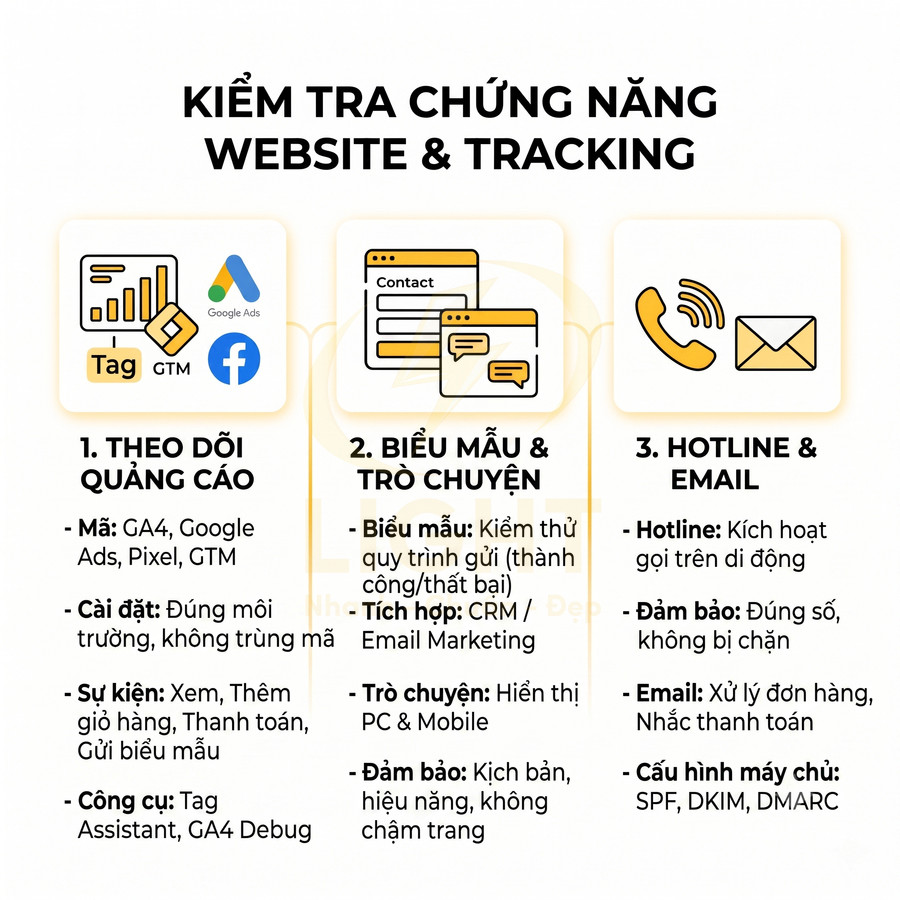 Hướng dẫn kiểm tra chức năng website và tracking cho quảng cáo, biểu mẫu trò chuyện, hotline và email marketing