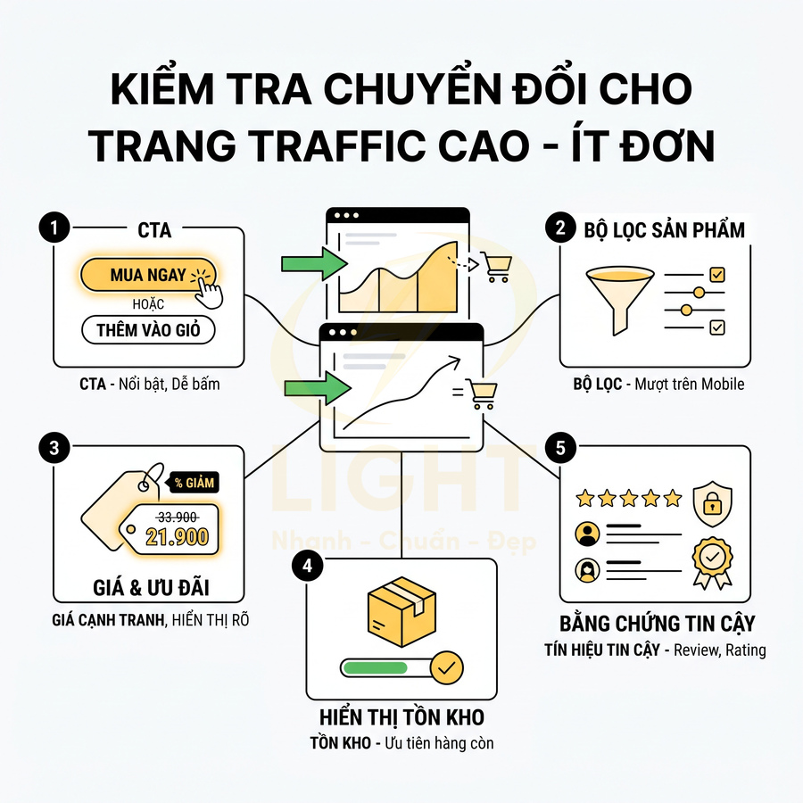 Infographic tối ưu chuyển đổi cho trang web bán hàng traffic cao với CTA, bộ lọc sản phẩm, giá ưu đãi, tồn kho và đánh giá tin cậy