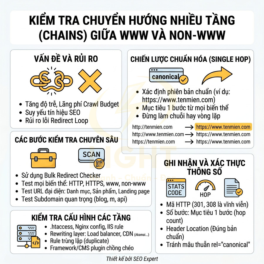 Hướng dẫn kiểm tra và chuẩn hóa chuyển hướng nhiều tầng giữa www và non-www để tối ưu SEO website
