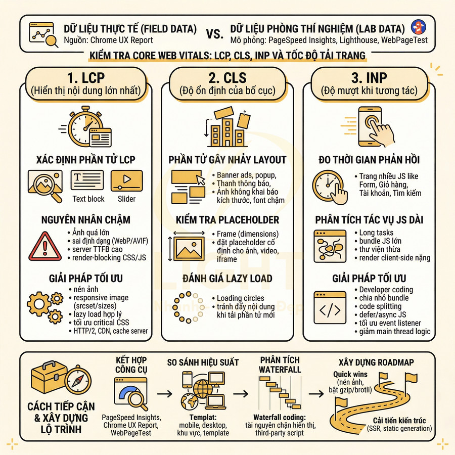 Infographic hướng dẫn kiểm tra và tối ưu Core Web Vitals LCP CLS INP cho tốc độ tải và trải nghiệm website