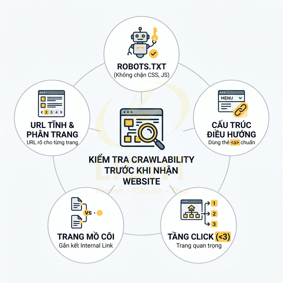 Kiểm tra crawlability website với robots.txt, cấu trúc điều hướng, URL tĩnh, internal link và tối ưu trang quan trọng