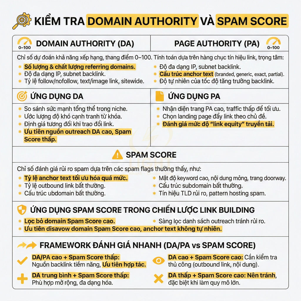 Infographic hướng dẫn kiểm tra Domain Authority Page Authority và Spam Score trong chiến lược SEO và link building