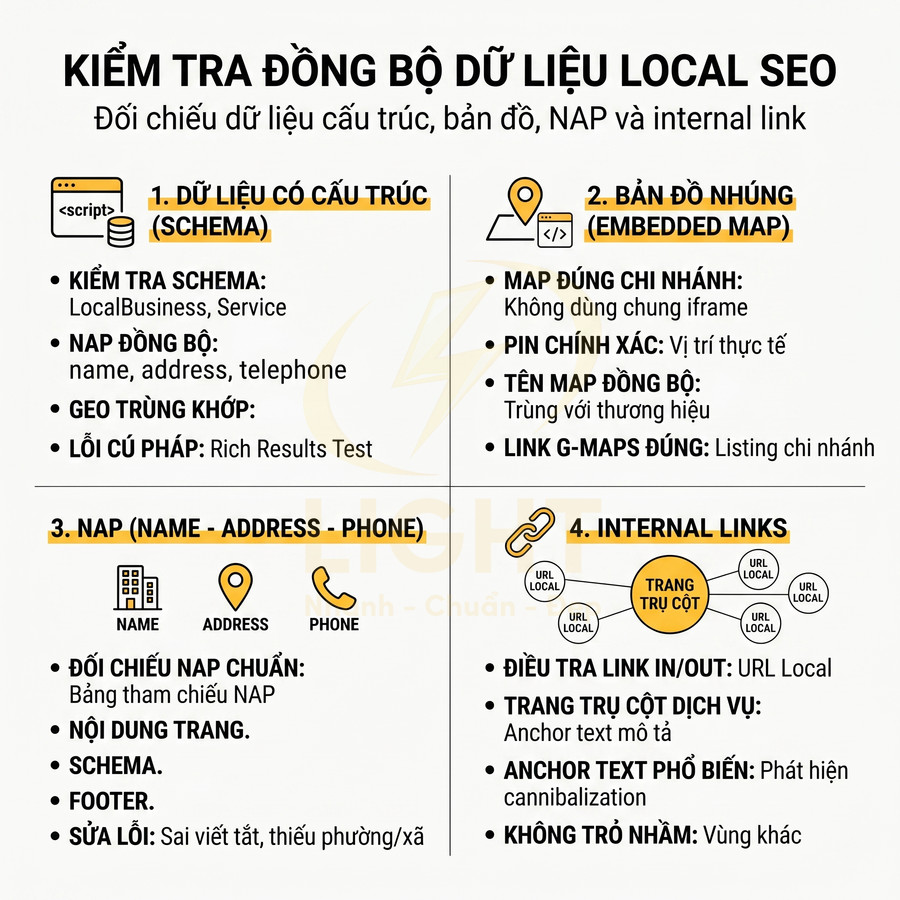 Hướng dẫn kiểm tra đồng bộ dữ liệu Local SEO gồm schema, bản đồ nhúng, NAP và internal link