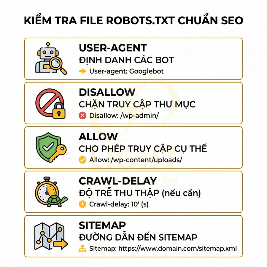 Hướng dẫn kiểm tra và cấu hình file robots.txt chuẩn SEO với user agent, disallow, allow, crawl delay và sitemap