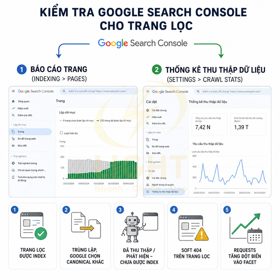 Hướng dẫn kiểm tra trang lọc trong Google Search Console với báo cáo trang và thống kê thu thập dữ liệu