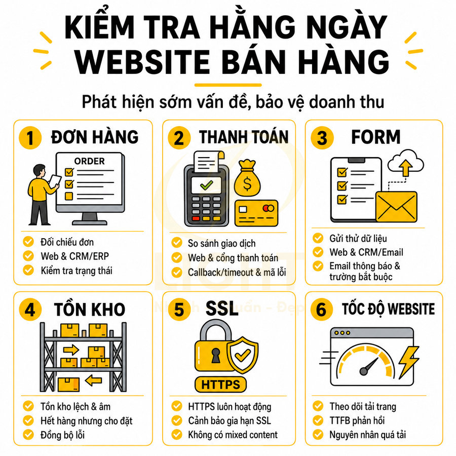 Checklist kiểm tra hàng ngày website bán hàng với 6 mục về đơn hàng, thanh toán, form, tồn kho, SSL và tốc độ website