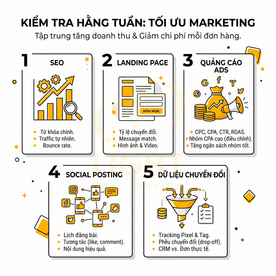 Checklist kiểm tra hàng tuần tối ưu marketing với SEO, landing page, quảng cáo, social posting và dữ liệu chuyển đổi