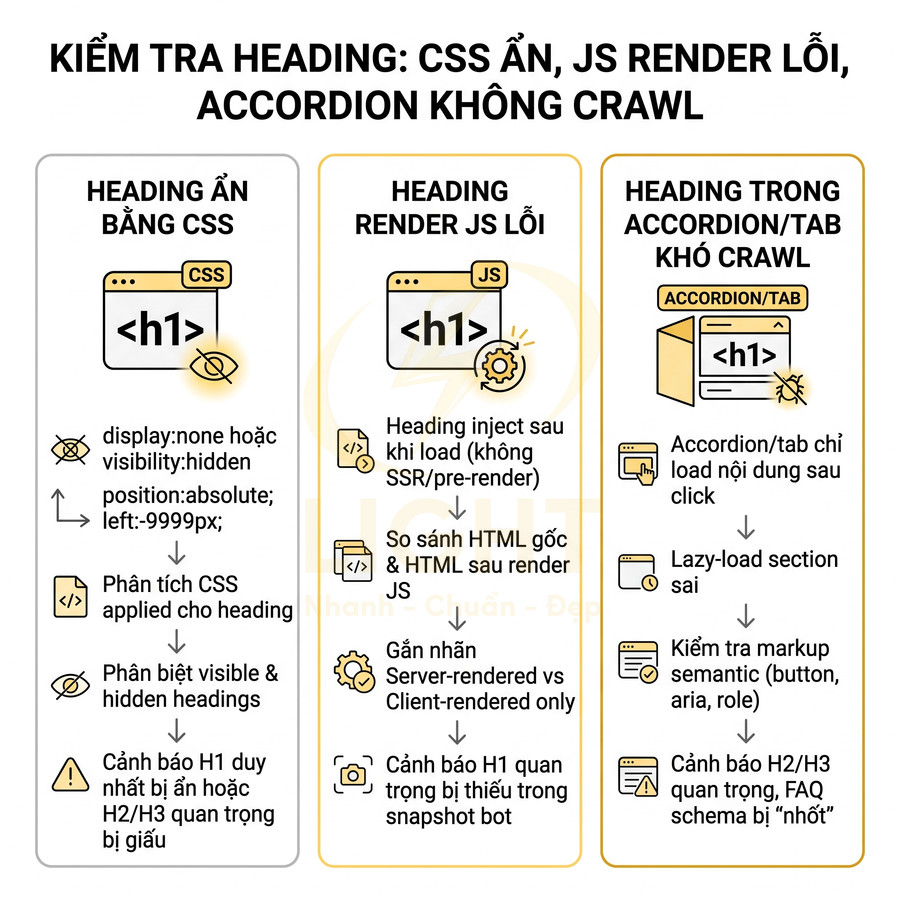 Hướng dẫn kiểm tra heading bị ẩn bởi CSS, render lỗi JavaScript và heading trong accordion khó crawl cho SEO