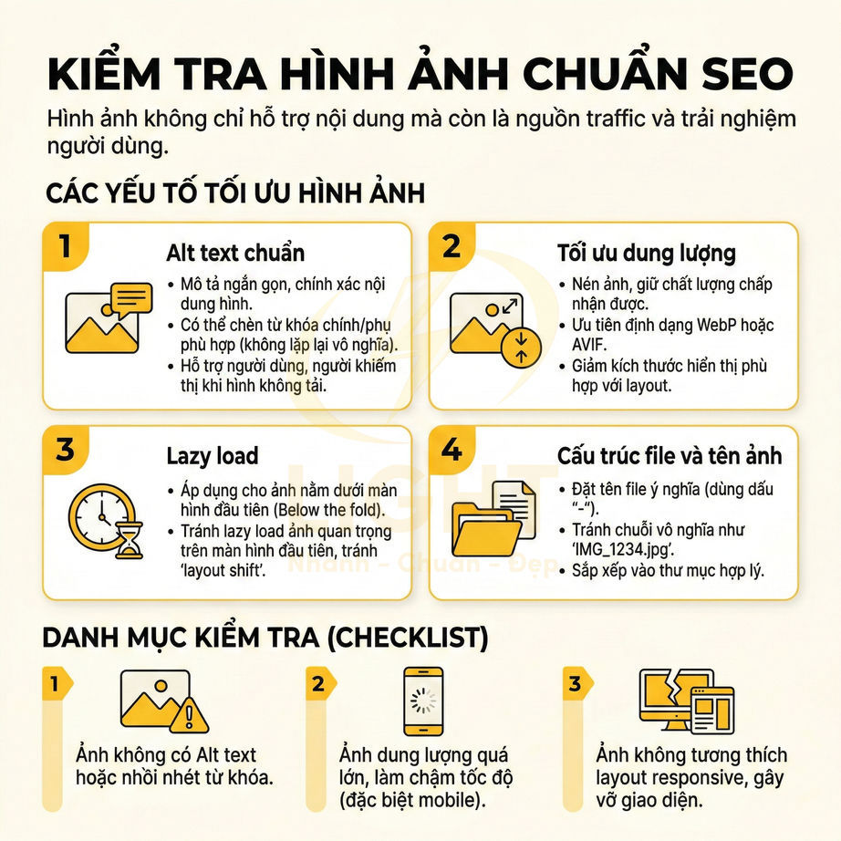 Hướng dẫn kiểm tra và tối ưu hình ảnh chuẩn SEO với Alt text, dung lượng, lazy load và tên file ảnh