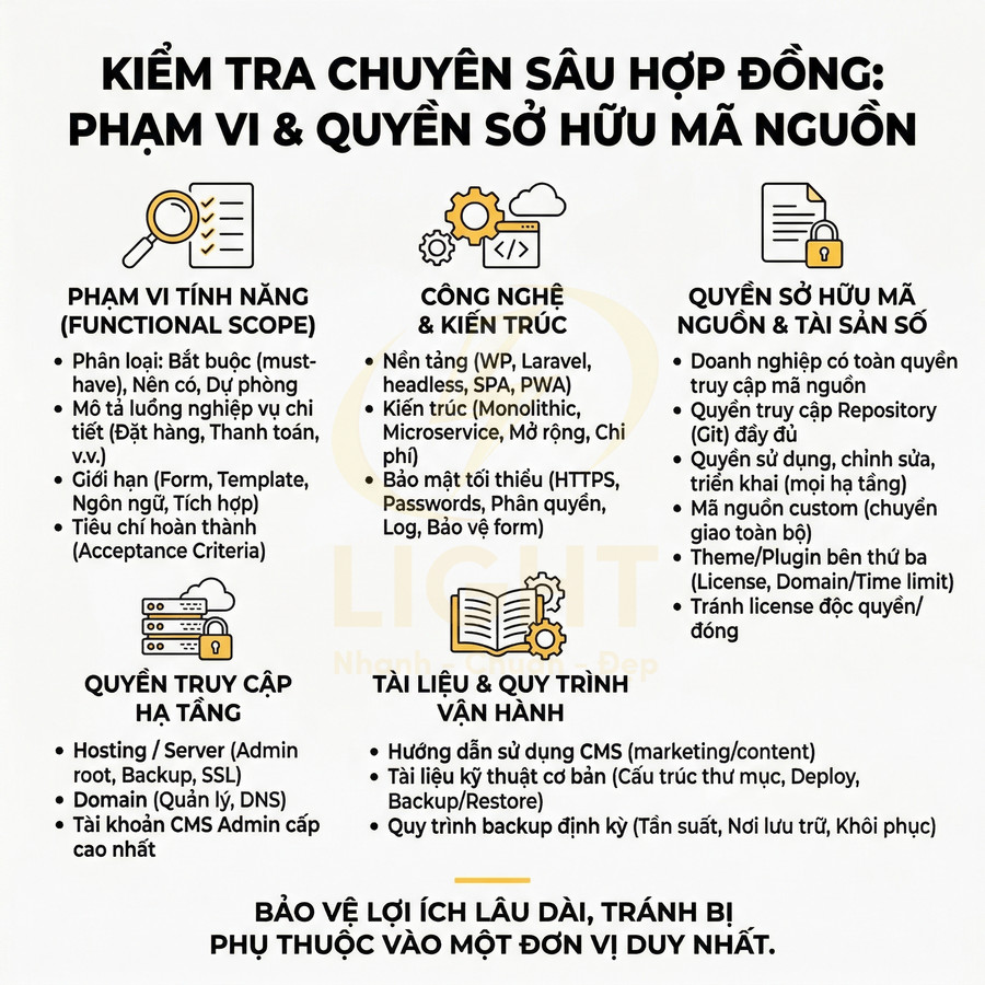 Infographic kiểm tra chuyên sâu hợp đồng website về phạm vi tính năng, công nghệ, quyền sở hữu mã nguồn và quy trình vận hành