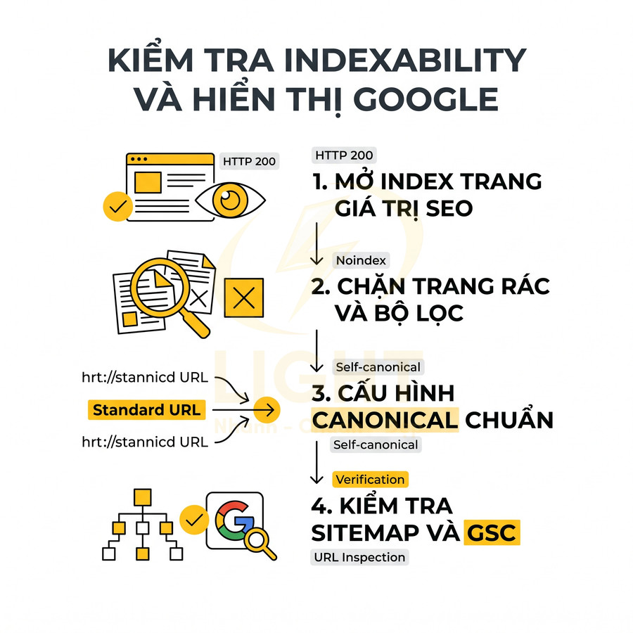 Quy trình kiểm tra indexability và hiển thị Google gồm mở index, chặn trang rác, cấu hình canonical, kiểm tra sitemap